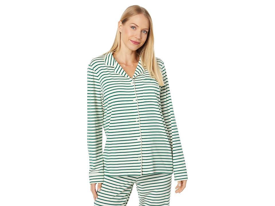 L.L.Bean Super Soft Shrink-Free Button Front Pajama Set Stripe (Deep Coral) Women's Pajama Sets Product Image