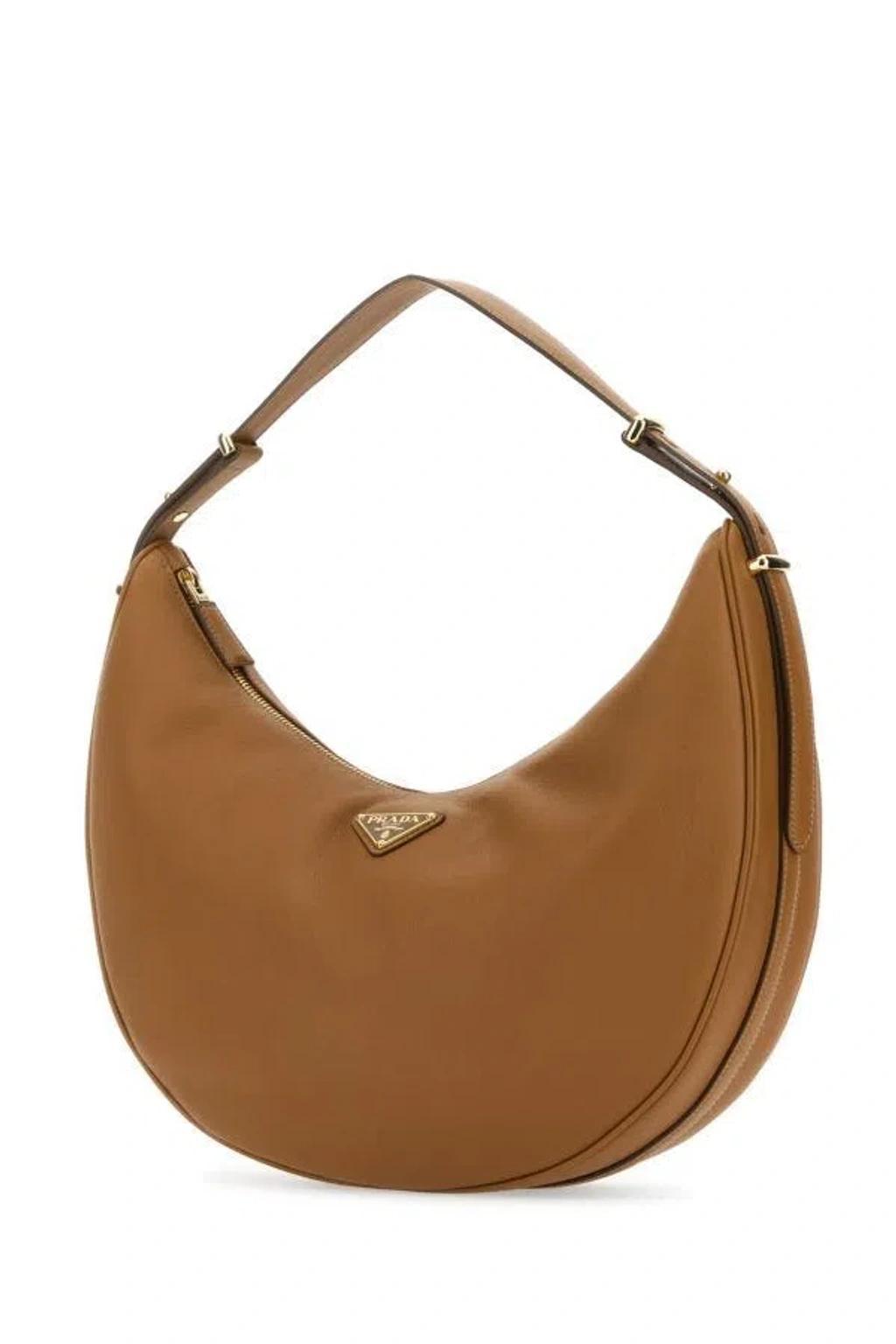 PRADA Large Arqué Leather Hobo Bag In Brown Product Image