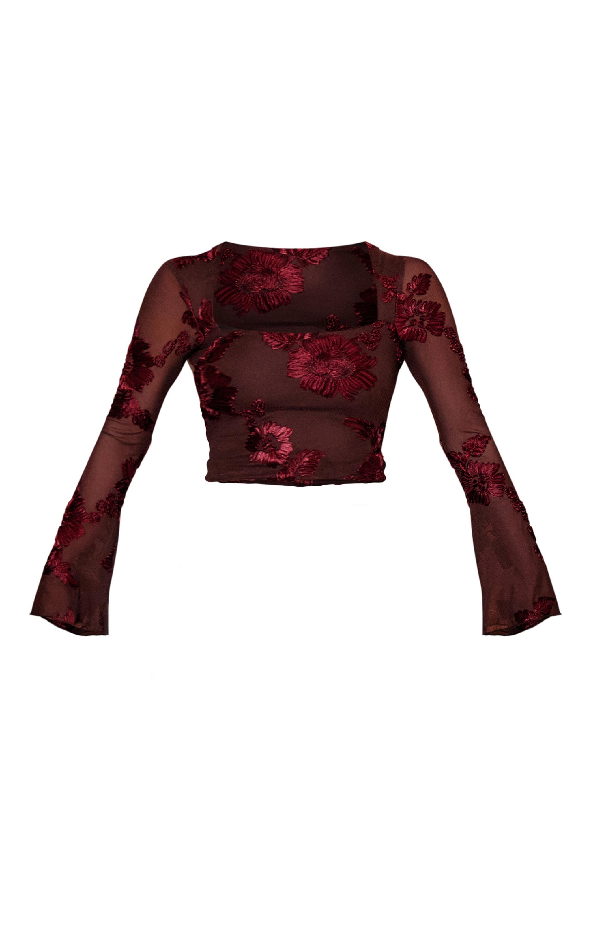 Burgundy Mesh Floral Applique Detail Mini Skirt Product Image