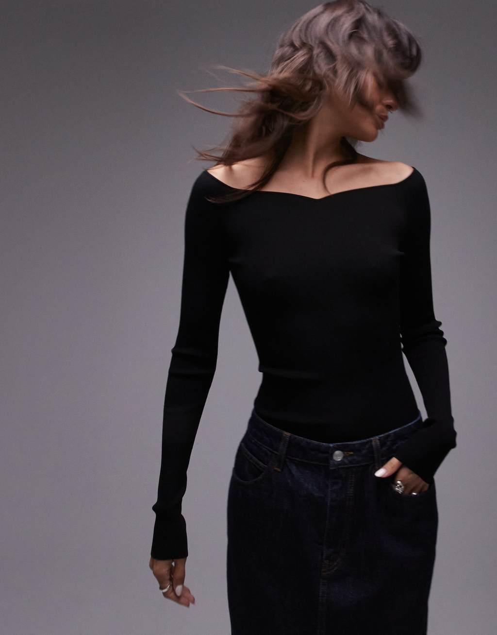 ARKET compact slinky compact knit top with off shoulder sweetheart neckline in black Product Image