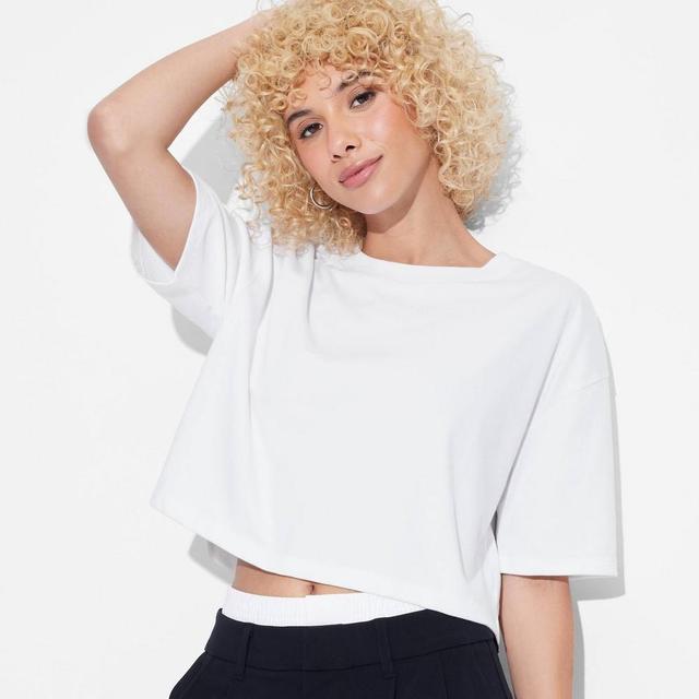 Womens Short Sleeve Relaxed Fit Cropped T-Shirt - Wild Fable Fresh White L Product Image