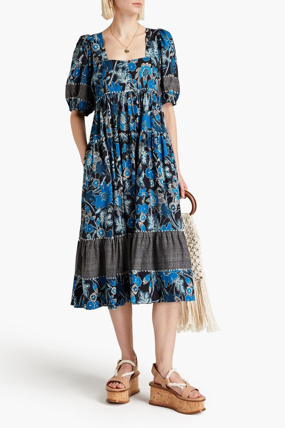 Nora Gathered Floral-print Cotton-blend Midi Dress In Bright Blue Product Image