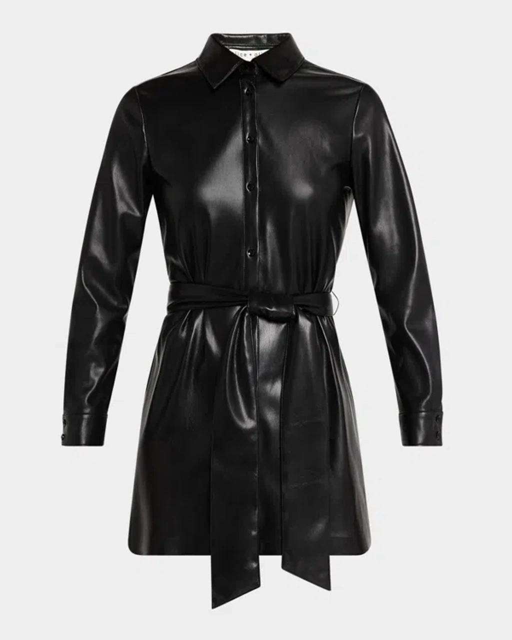 ALICE AND OLIVIA Chassidy Vegan Leather Mini Shirtdress In Black Product Image