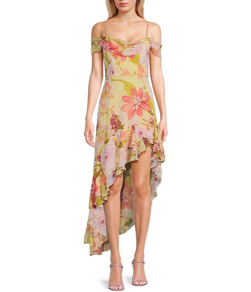 City Vibe Sleeveless Ruffle Floral Printed Hi-Low Asymmetrical Dress Product Image