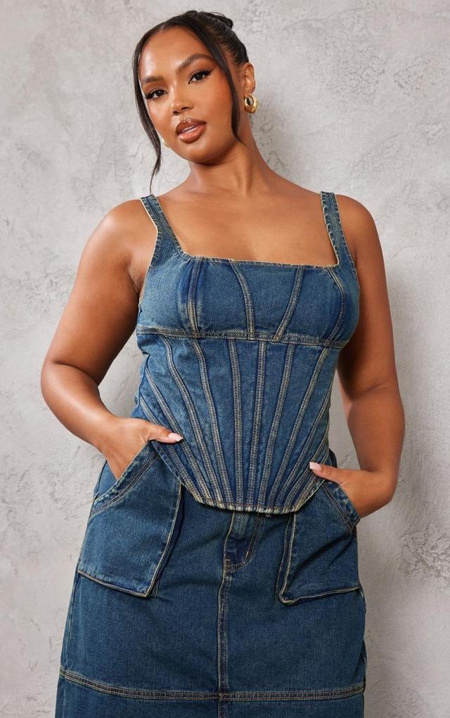 Plus Indigo Vintage Wash Seam Detail Denim Corset Product Image