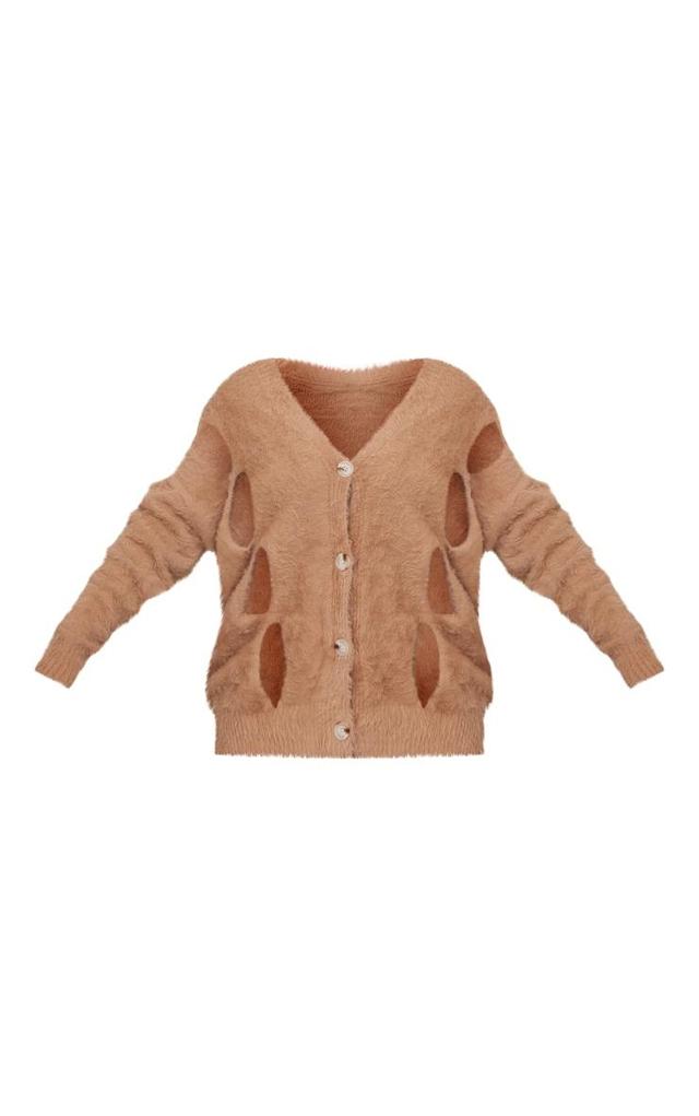 Mocha Eyelash Knit Cut Out Oversized Cardigan Product Image