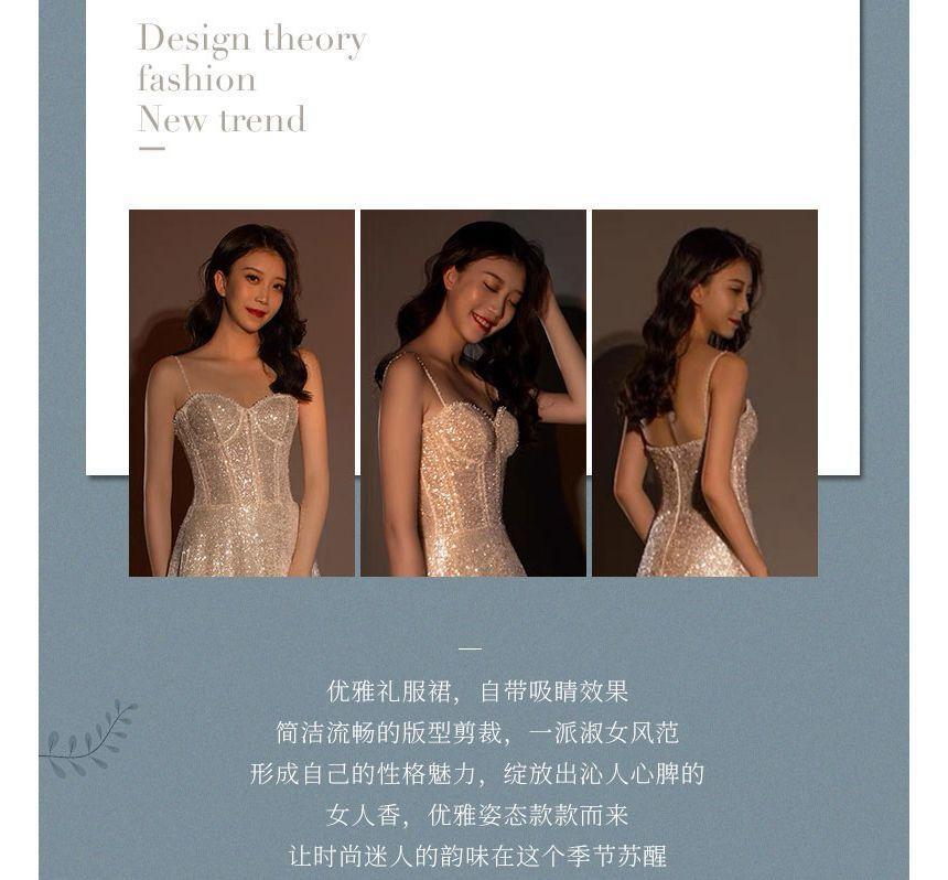 Spaghetti Strap Sweetheart Neckline Glitter Trained A-Line Evening Gown Product Image