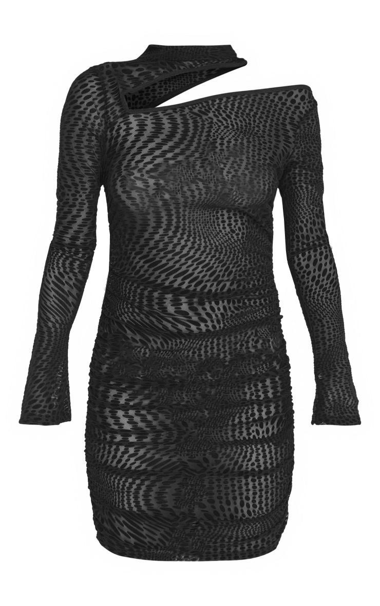 Black Flocked Mesh High Neck Cut Out Ruched Bodycon Dress Product Image