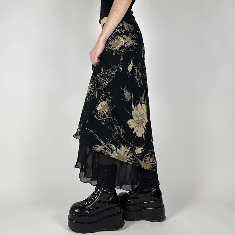 Low Waist Floral Print Mesh Midi Skirt Product Image