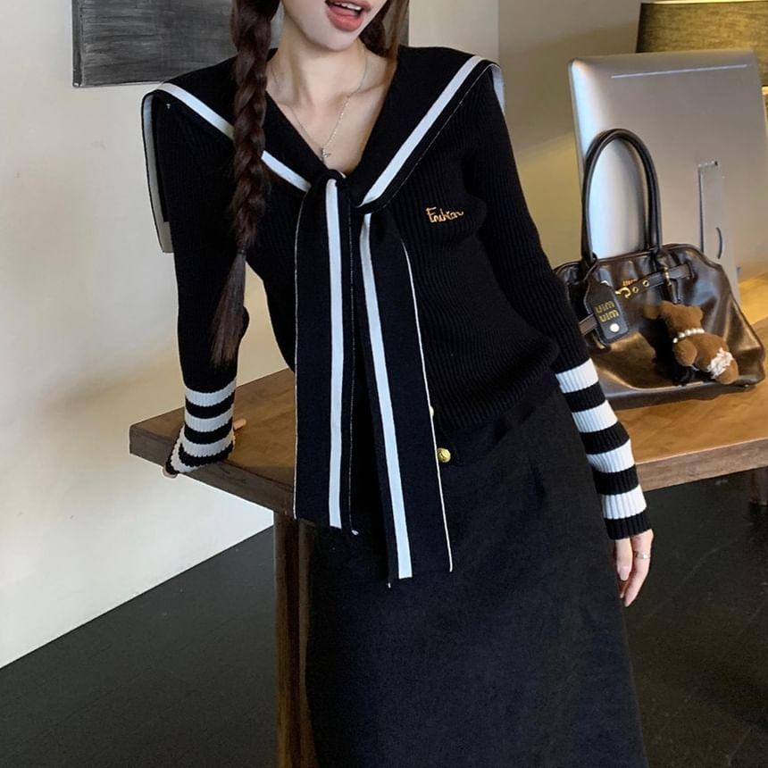 Long-Sleeve Sailor Collar Striped Tie Front Knit Top / High Rise Plain Slit Maxi A-Line Skirt Product Image