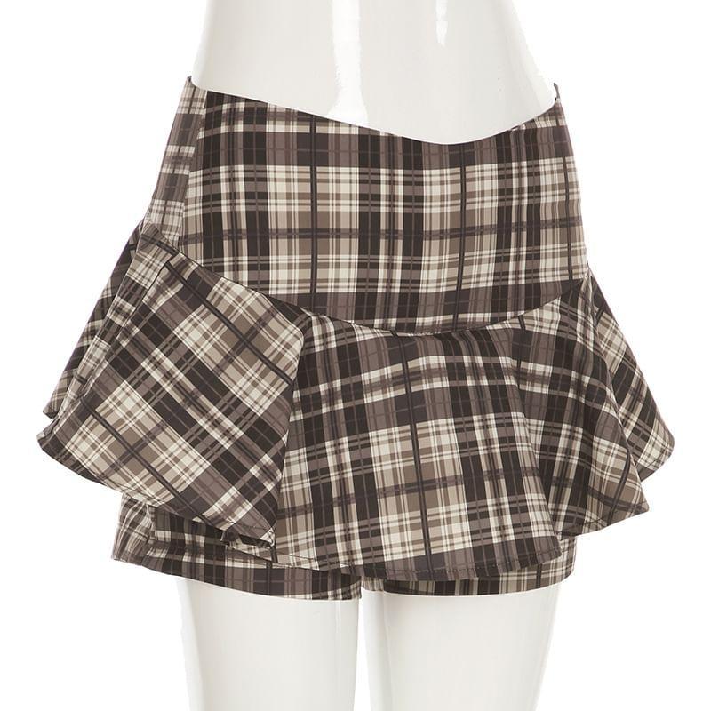 High Waist Plaid Ruffle Skorts Product Image