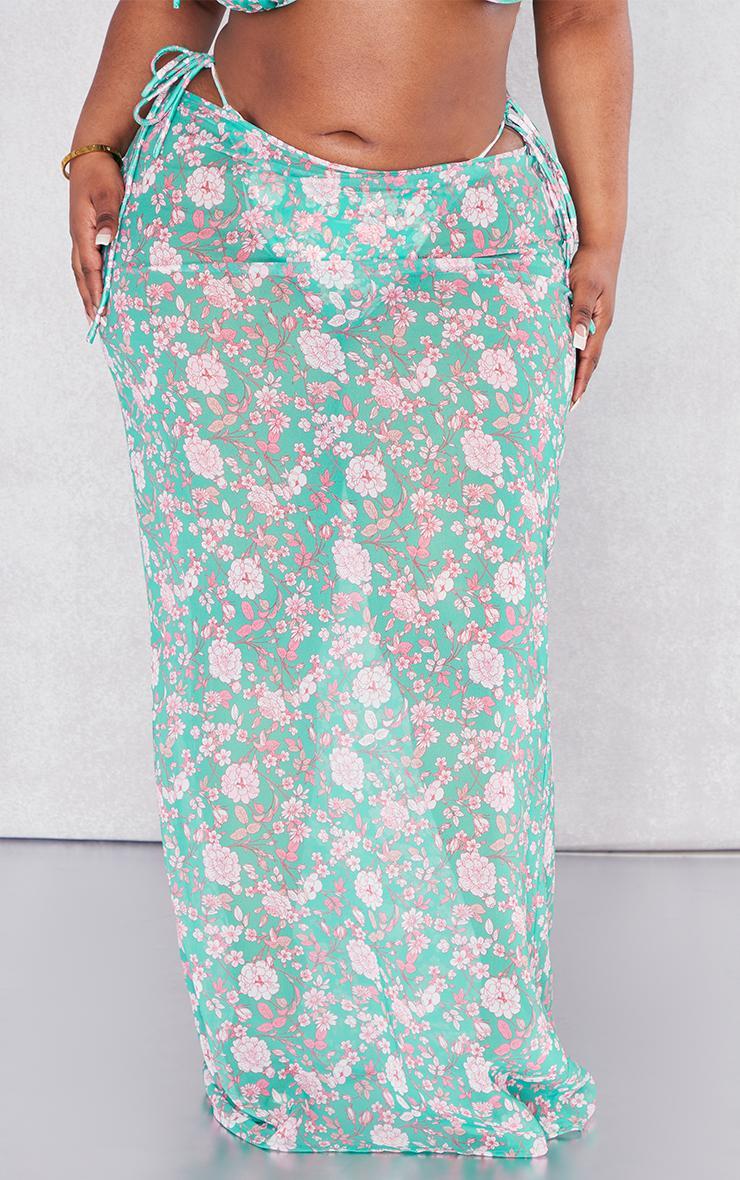 Plus Green Floral Chiffon Maxi Beach Skirt Product Image