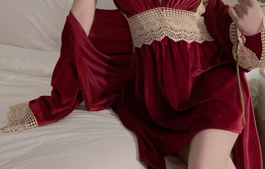 Spaghetti Strap V-Neck Plunge Lace Panel Velvet Nightdress / Pajama Robe / Set Product Image