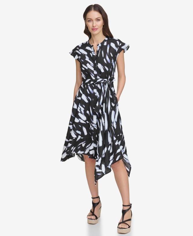 Dkny Womens Printed Tie-Waist Asymmetrical-Hem Linen Dress - Fluo Ylw Product Image