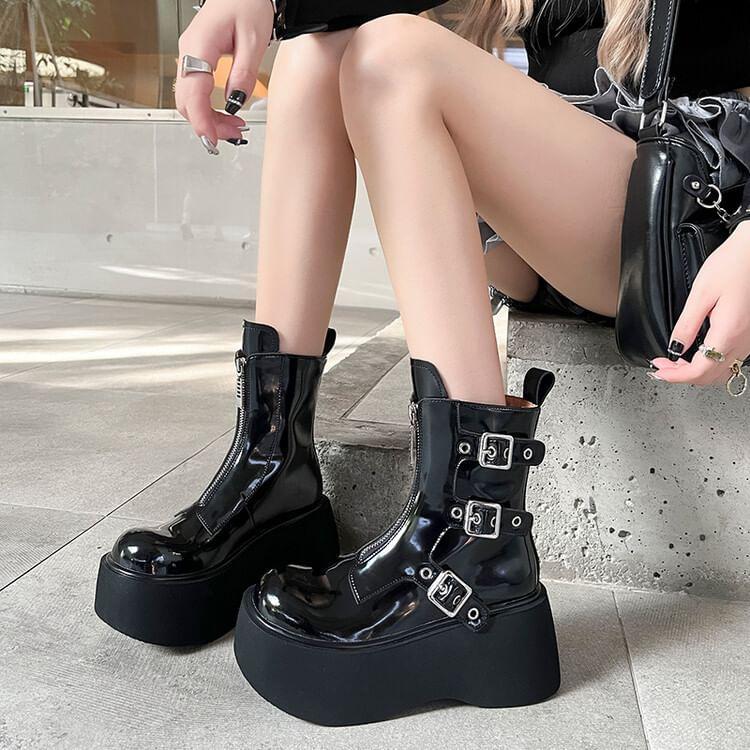 Platform Plain Buckled Short Boots Product Image