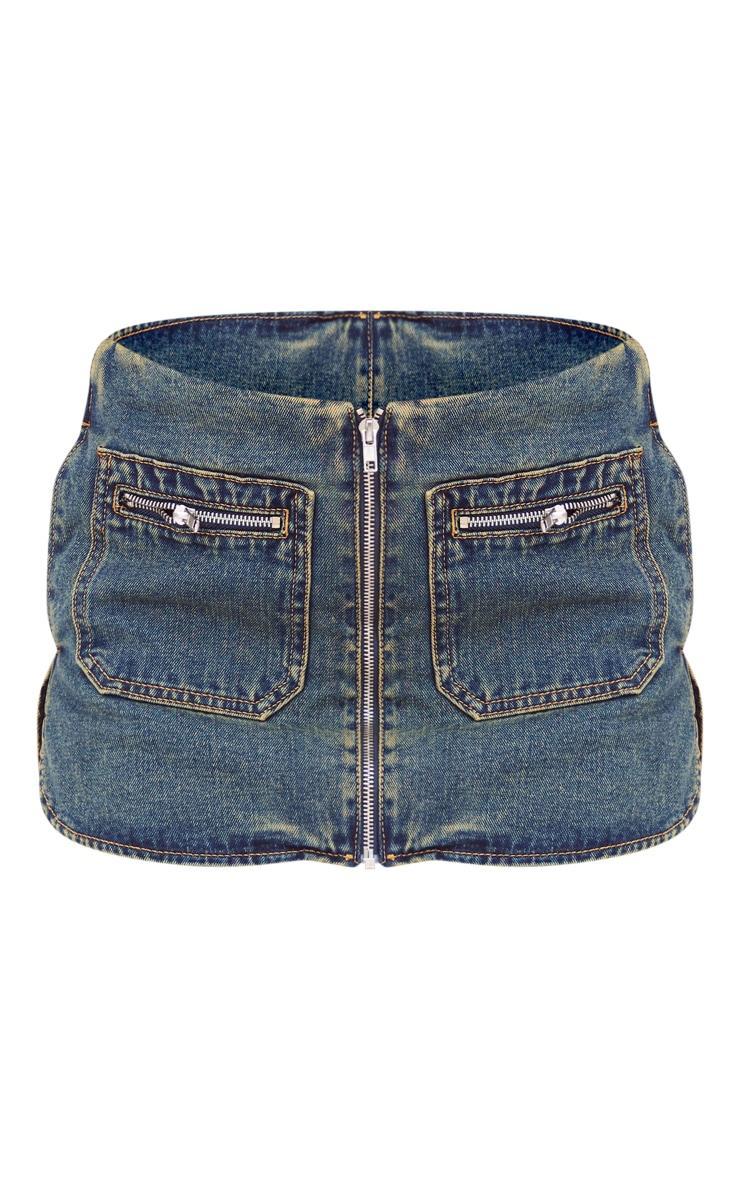 Indigo Vintage Wash Biker Detail Curved Hem Denim Skirt Product Image