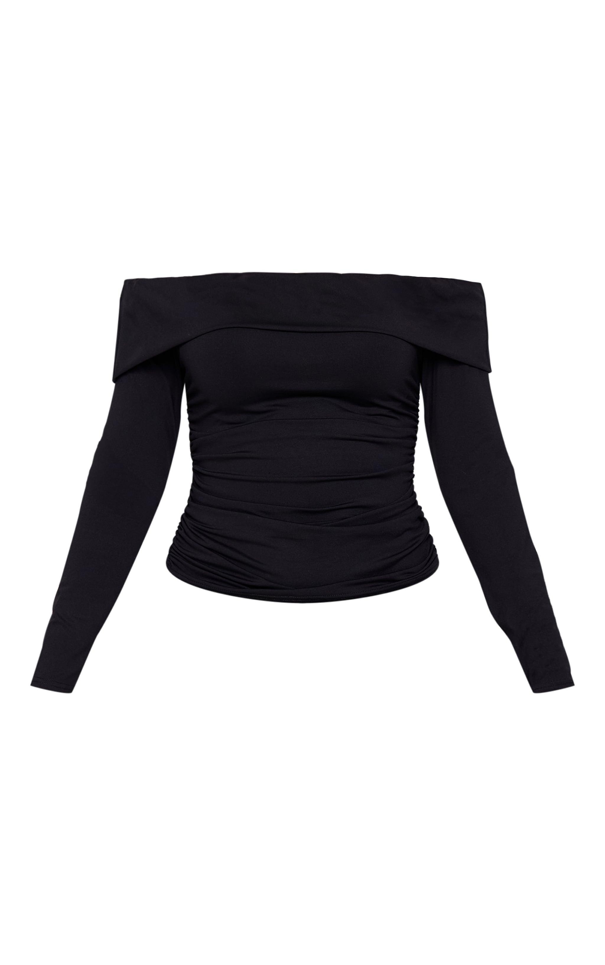 Petite Black Double Slinky Off Shoulder Ruched Top Product Image