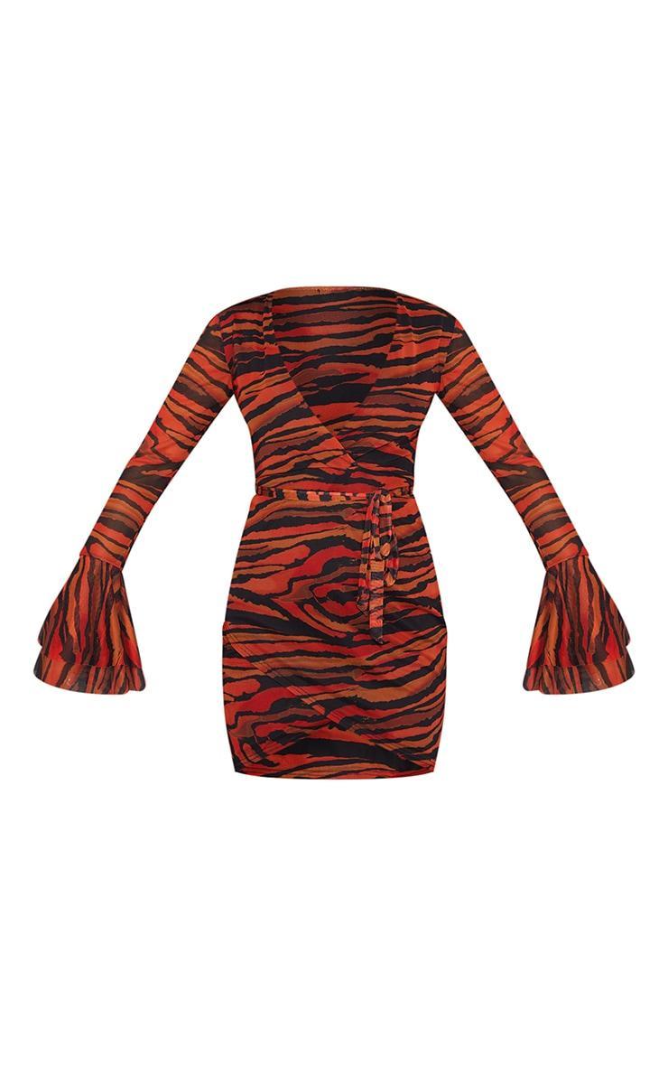 Orange Zebra Print Mesh Flared Sleeve Tie Waist Bodycon Dress Product Image