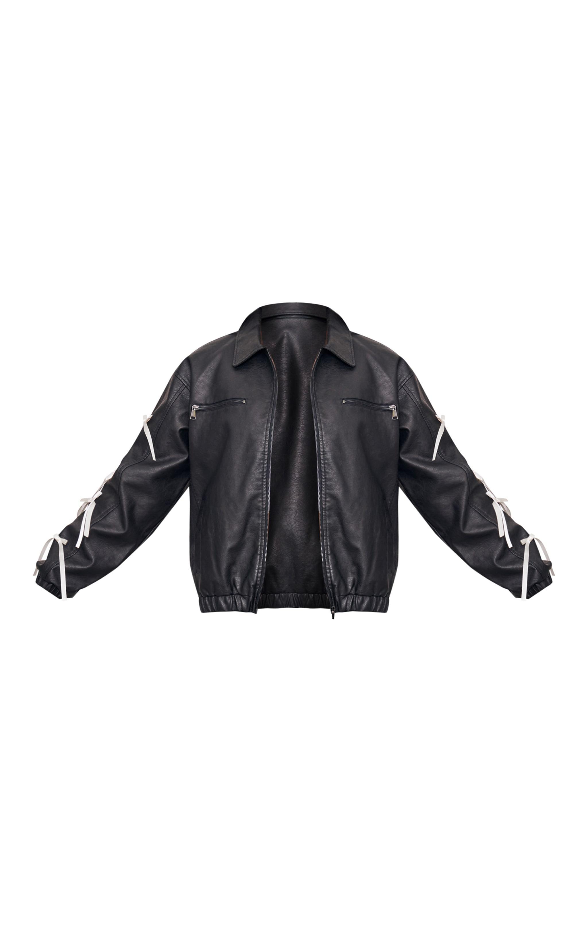 Black Faux Leather Bow Sleeve Detail Oversized Jacket Product Image