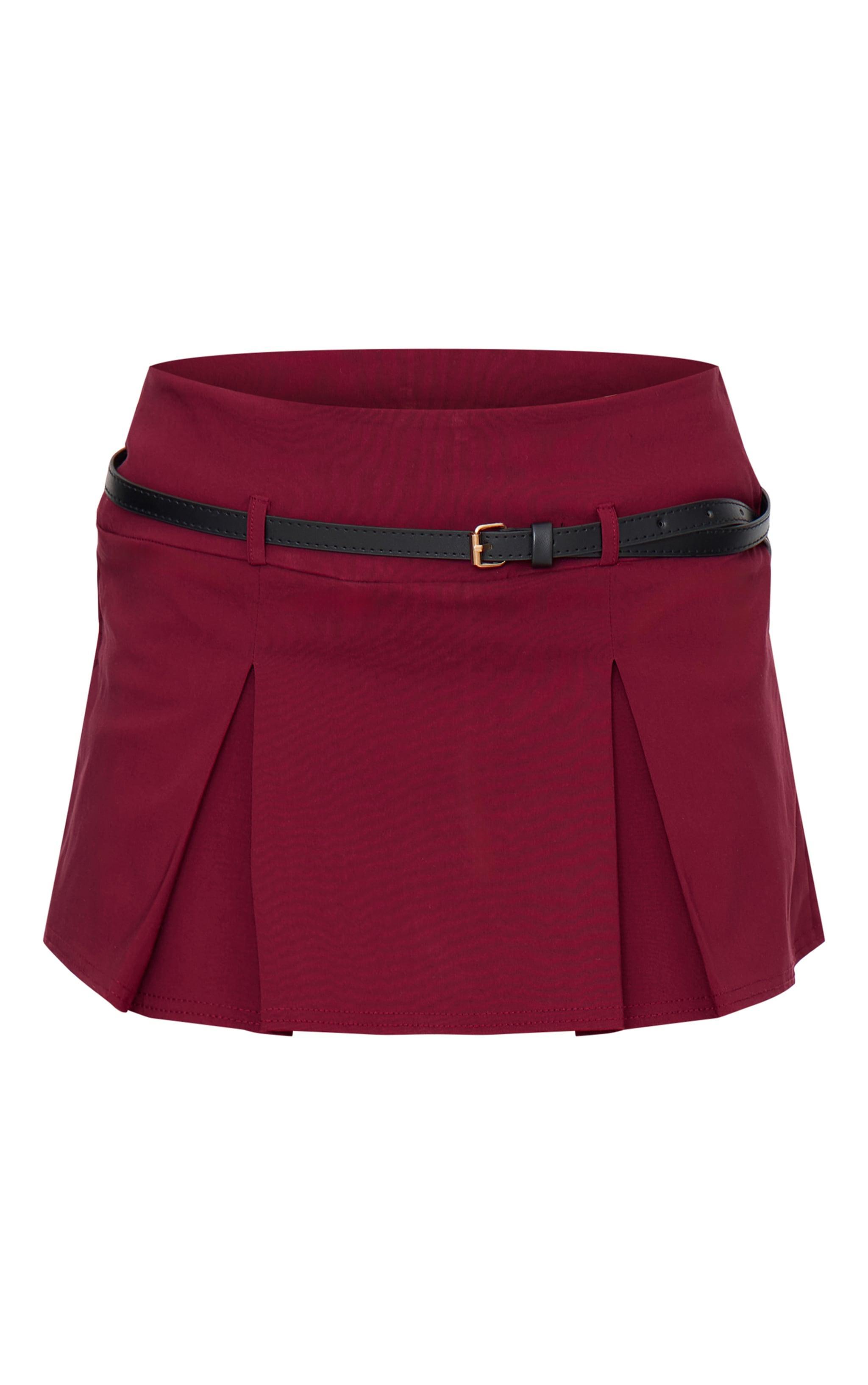 Burgundy Stretch Woven Low Rise Belted Skort Product Image