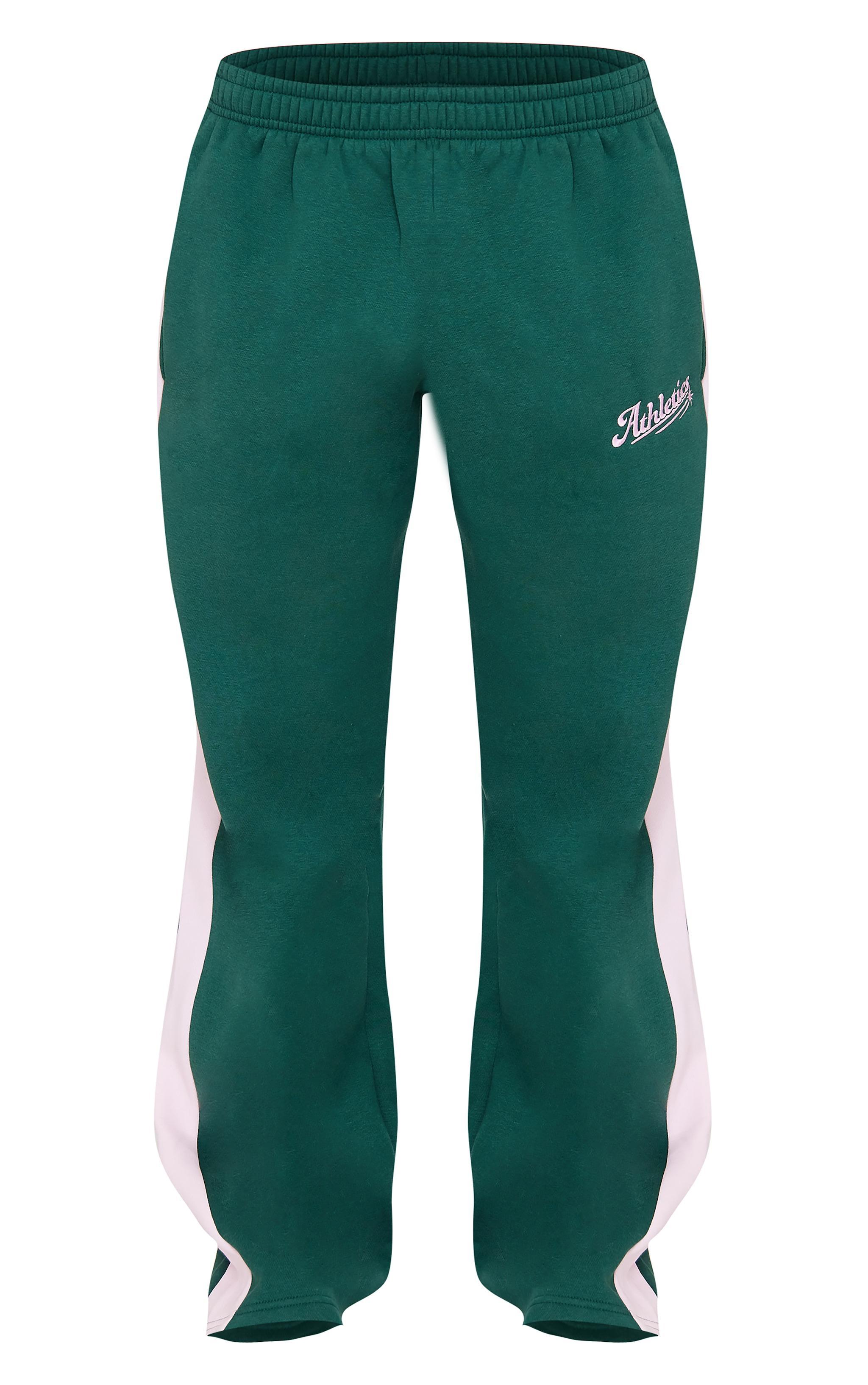 Dark Green Embroidered Athletics Contrast Panel Wide Leg Sweatpants Product Image