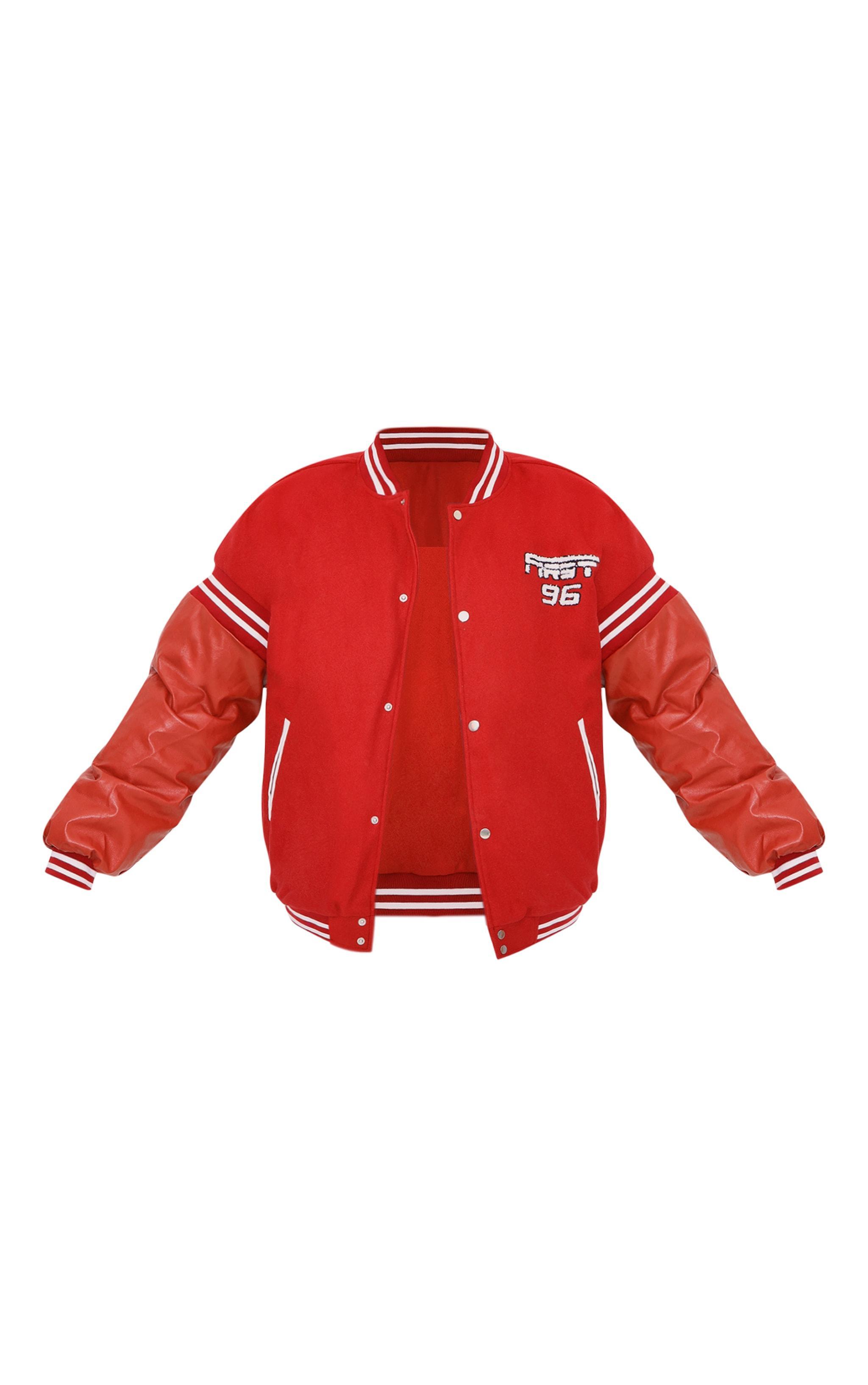 Plus Red Quilted Faux Leather Sleeve Oversized Varsity Bomber Jacket Product Image