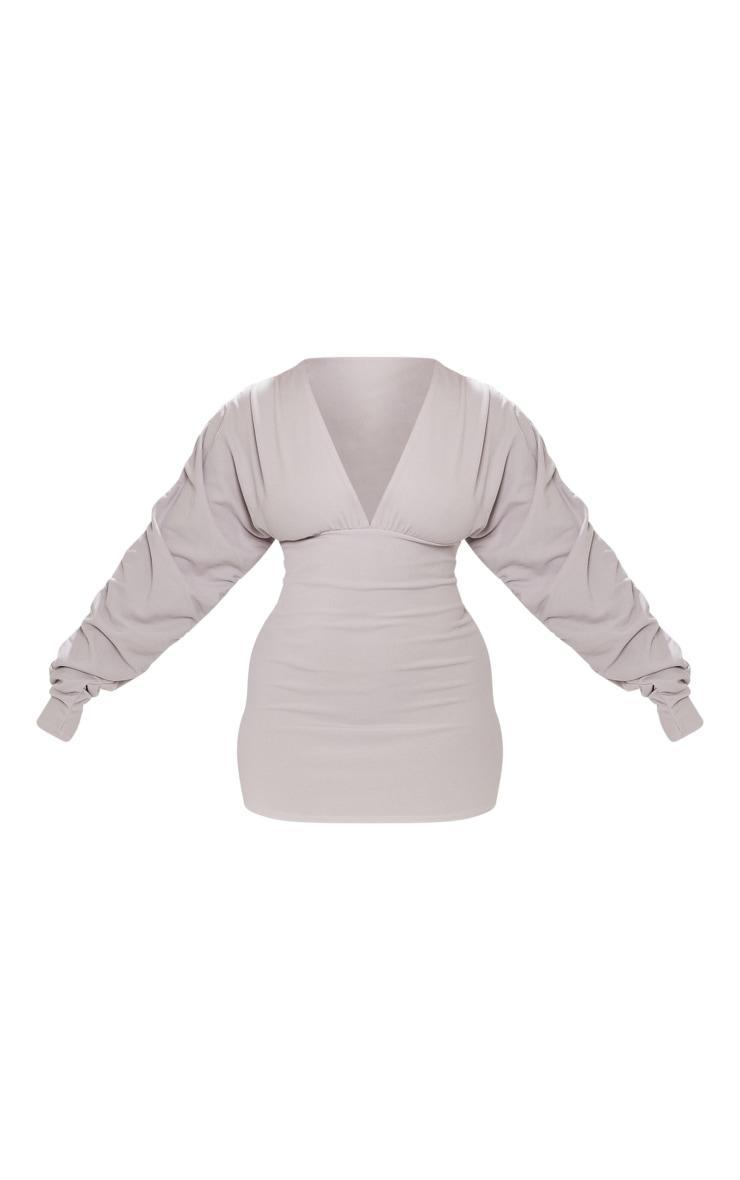 Shape Light Grey Soft Rib Plunge Ruched Sleeve Bodycon Dress Product Image