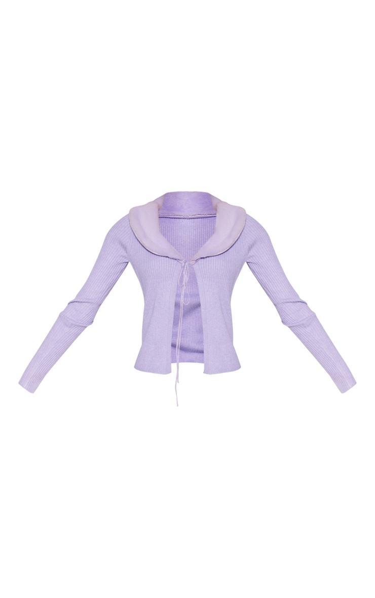 Lilac Faux Fur Collar Rib Knit Cardigan Product Image