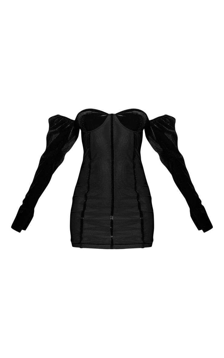 Black Velvet Mesh Corset Detail Long Sleeve Bodycon Dress Product Image