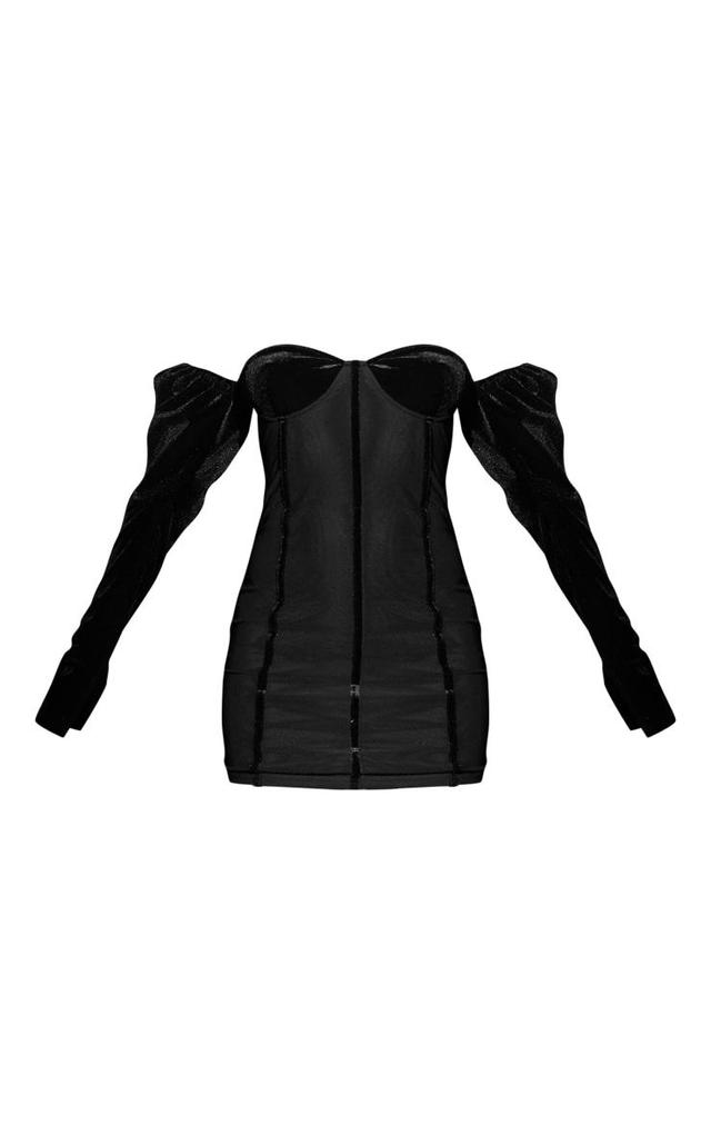 Black Velvet Mesh Corset Detail Long Sleeve Bodycon Dress Product Image