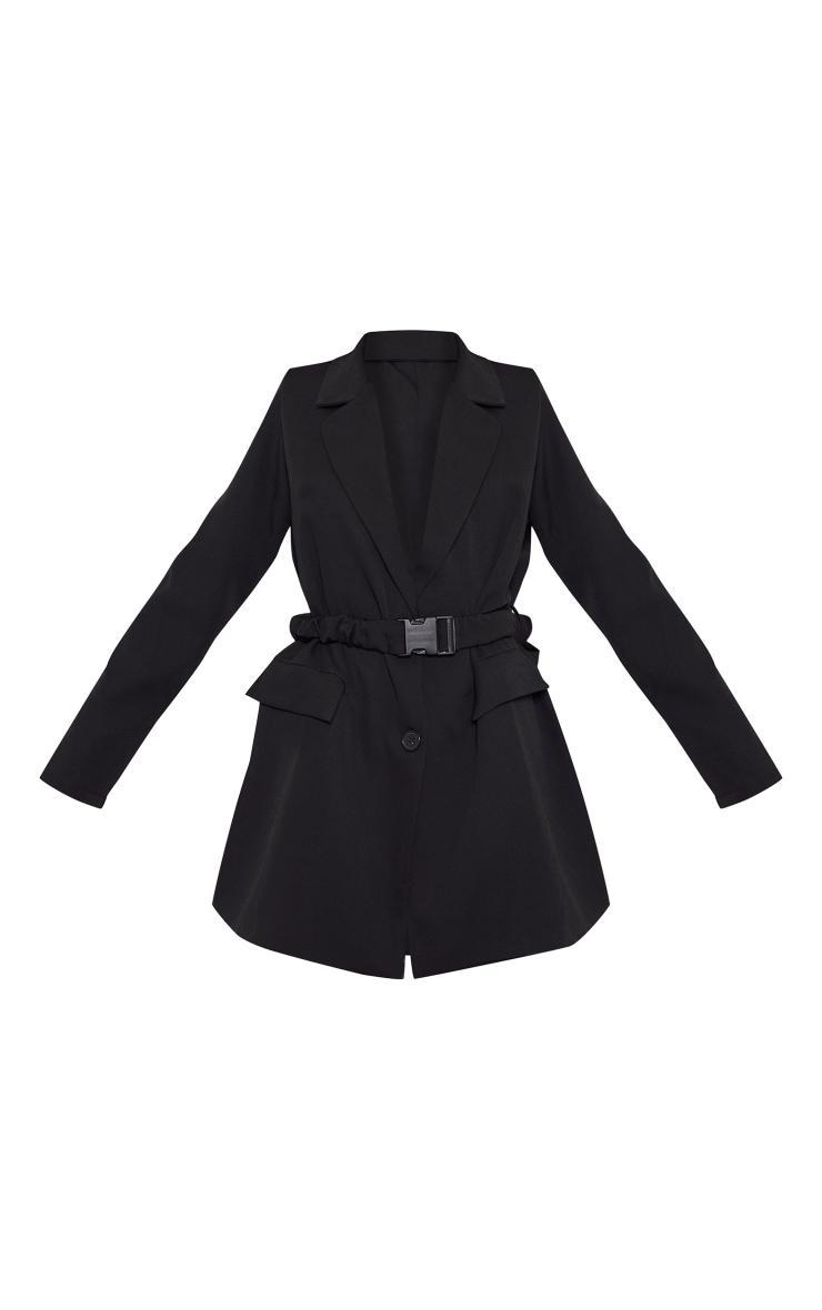 Black Woven Ruched Belt Blazer Dress Product Image