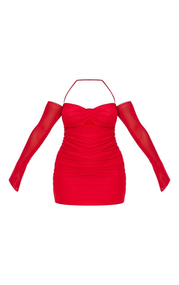 Shape Red Mesh Twist Cut Out Ruched Bodycon Dress Product Image