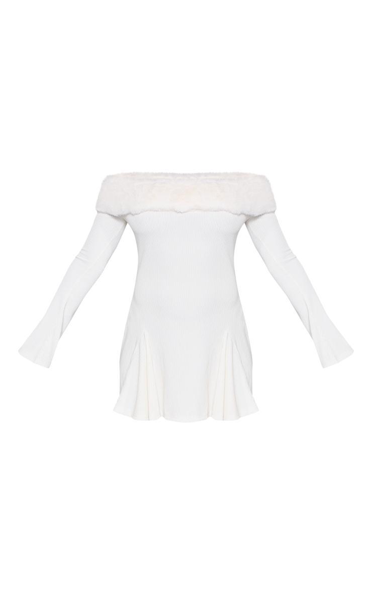 Cream Faux Fur Trim Rib Shift Dress Product Image