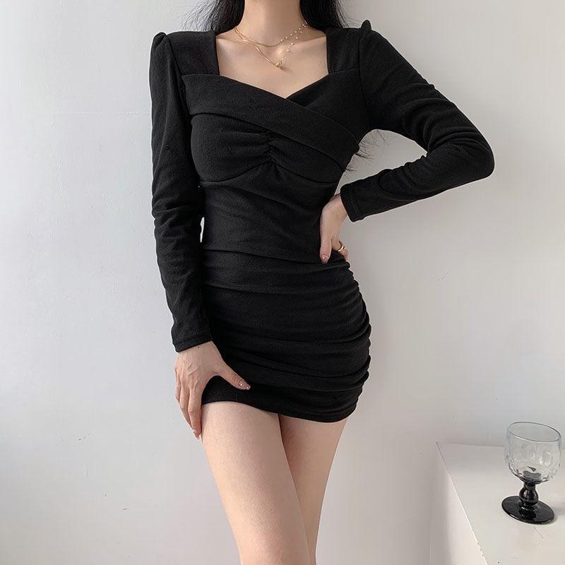 Long Sleeve Square Neck Plain Ruched Bodycon Mini Dress Product Image