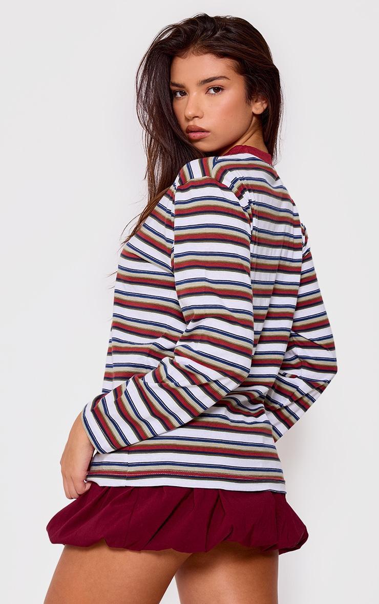  Burgundy Striped Contrast Collar Long Sleeve Top Product Image