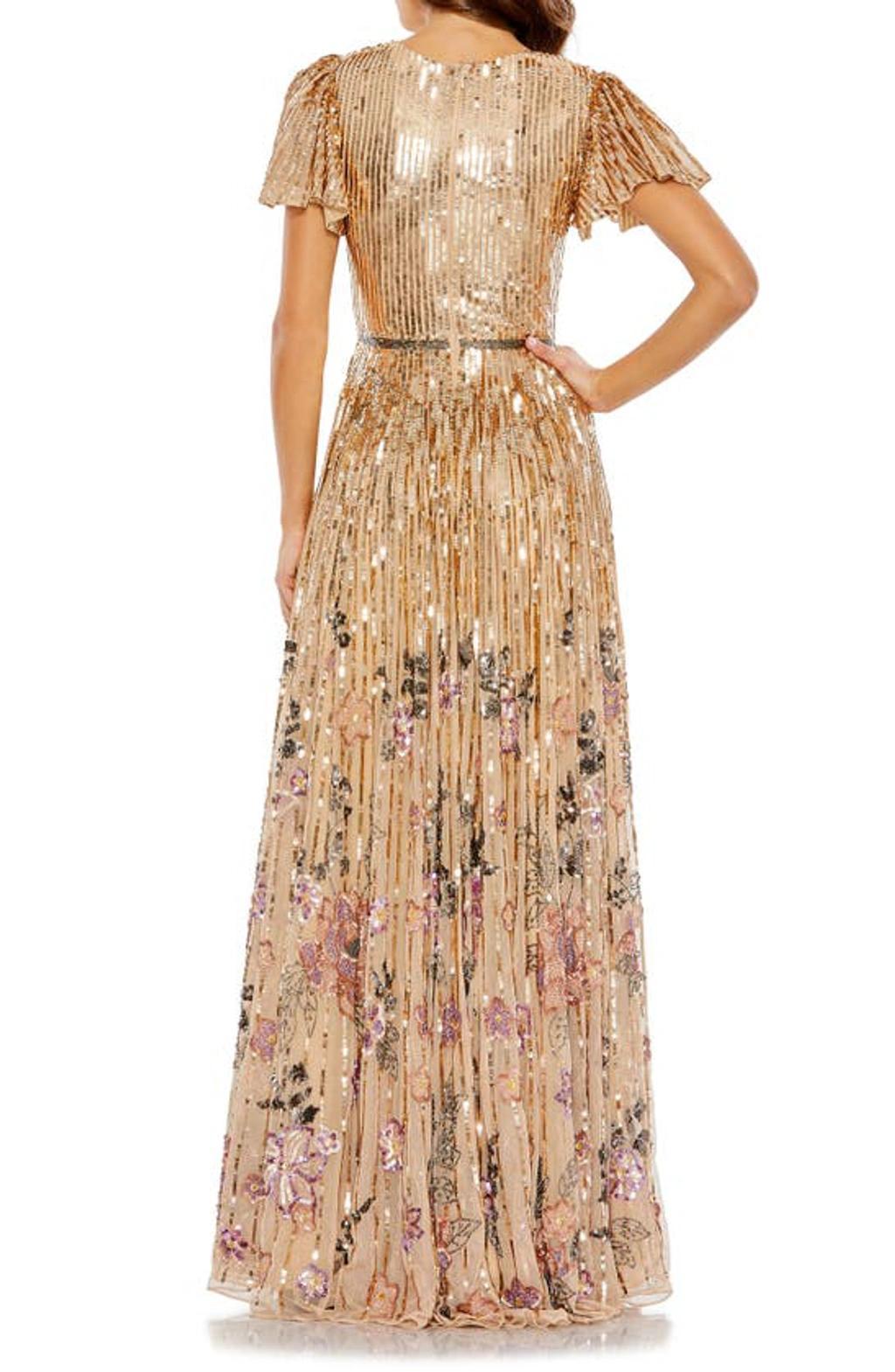 Sequin Floral Flutter Sleeve Gown In Copper Product Image