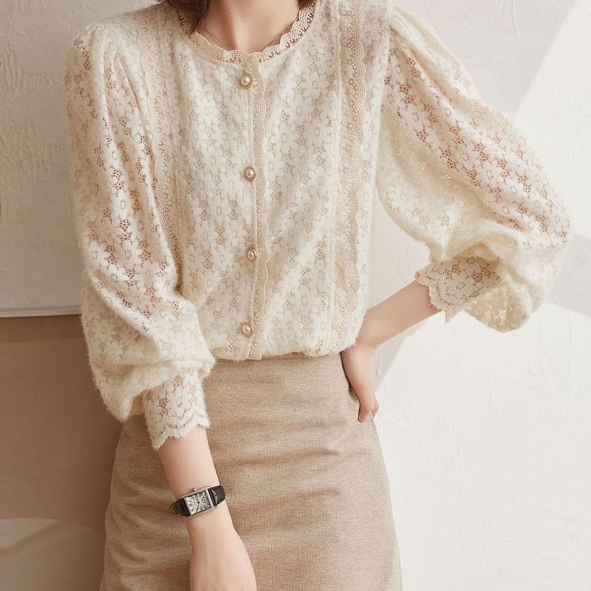 Long-Sleeve Round Neck Plain Faux Pearl Buttoned Lace Blouse Product Image