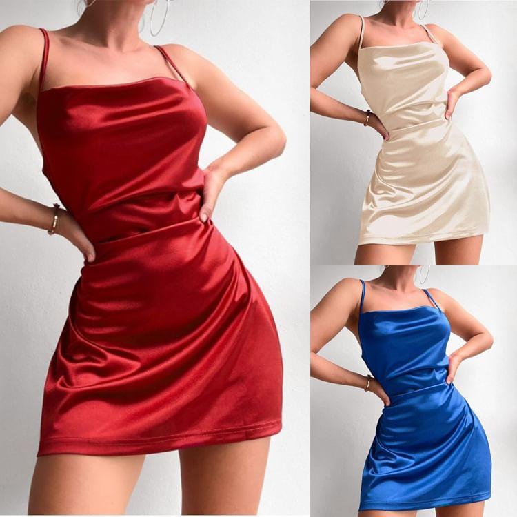 Spaghetti Strap Cowl Neck Plain Satin Mini A-Line Dress Product Image