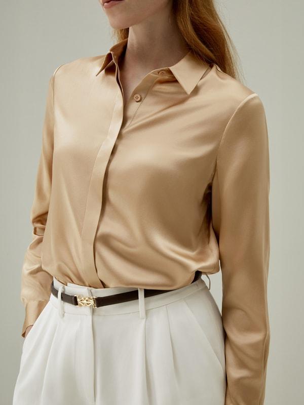 Basic Concealed Placket Silk Shirt Product Image