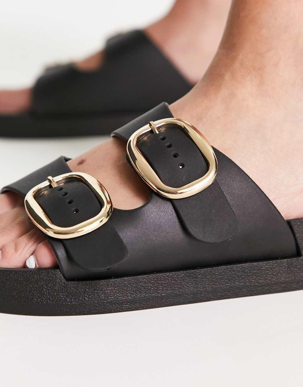 London Rebel wide fit double buckle footbed sandals in black Product Image