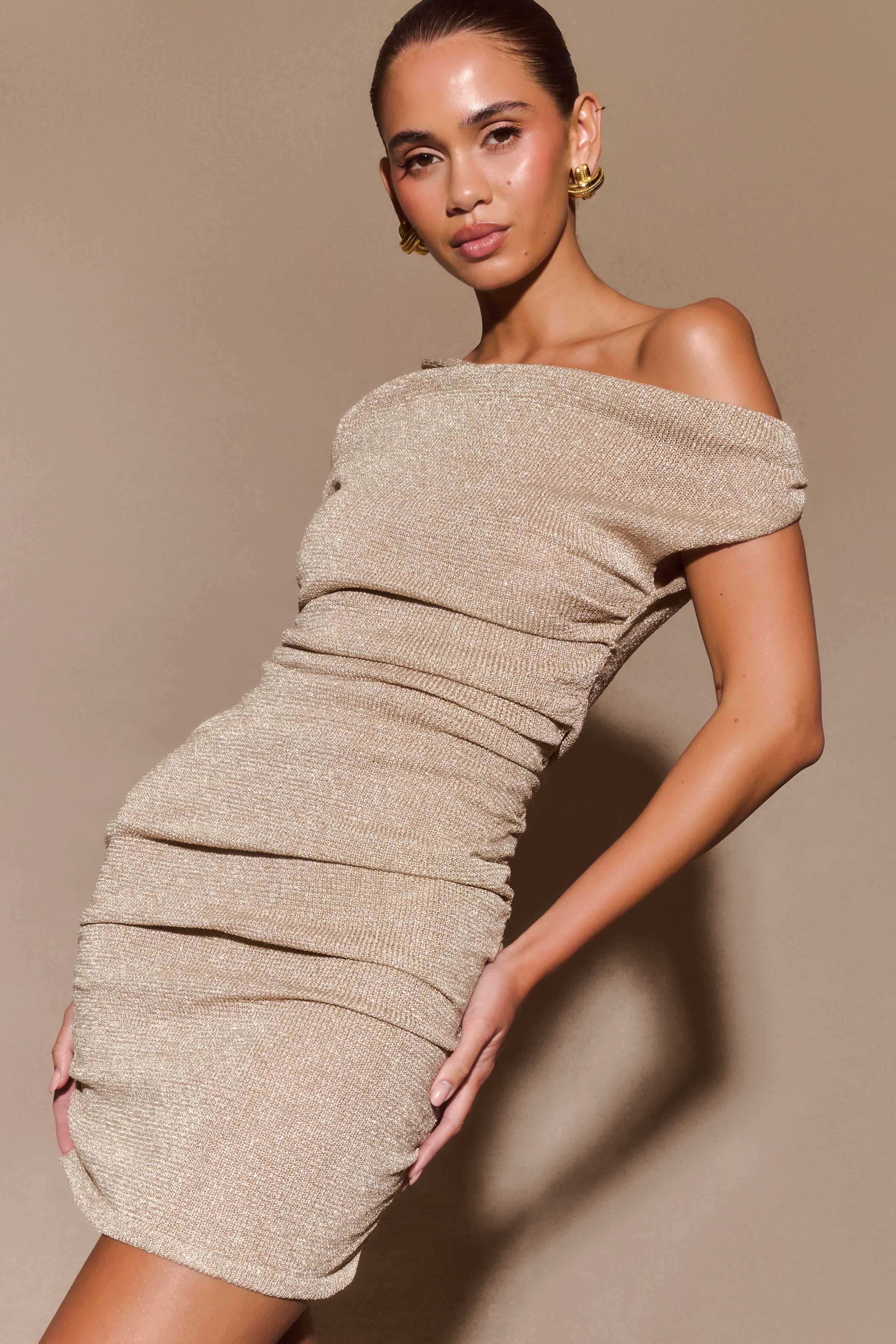 Pasha Off Shoulder Knit Mini Dress - Gold Product Image