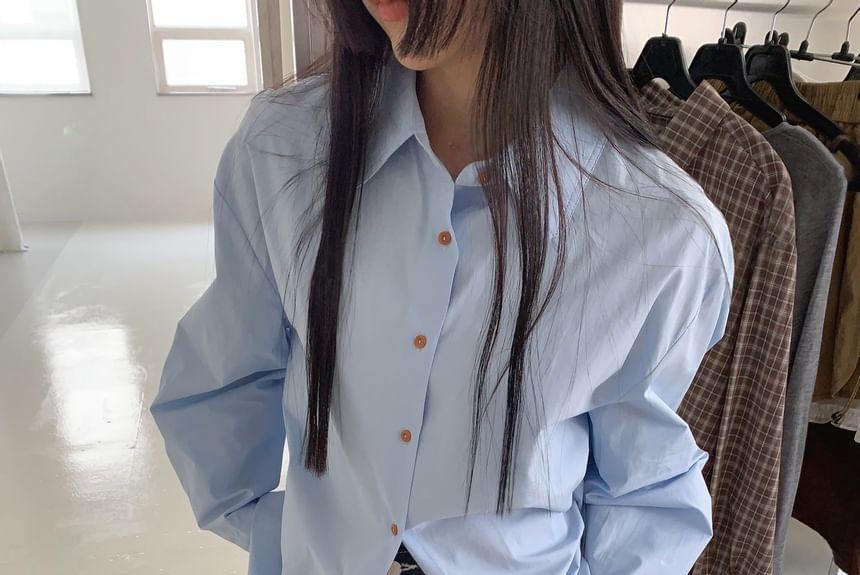 Long-Sleeve Plain Loose-Fit Shirt Product Image