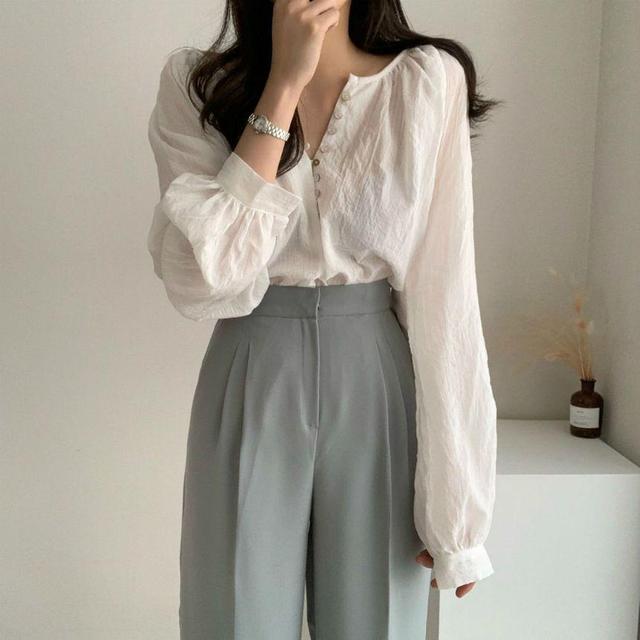 Long-Sleeve Henley Blouse Product Image