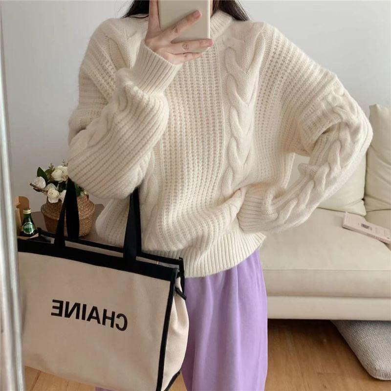 Round Neck Plain Cable Knit Sweater Product Image