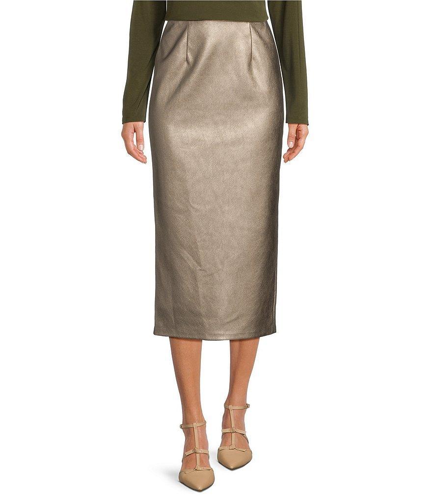 Alex Marie Jenna Faux Suede Coated Metallic High Rise Pencil Midi Skirt Product Image