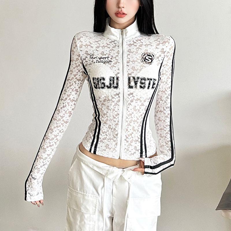 Stand Collar Lettering Print Striped Lace Zip Jacket Product Image