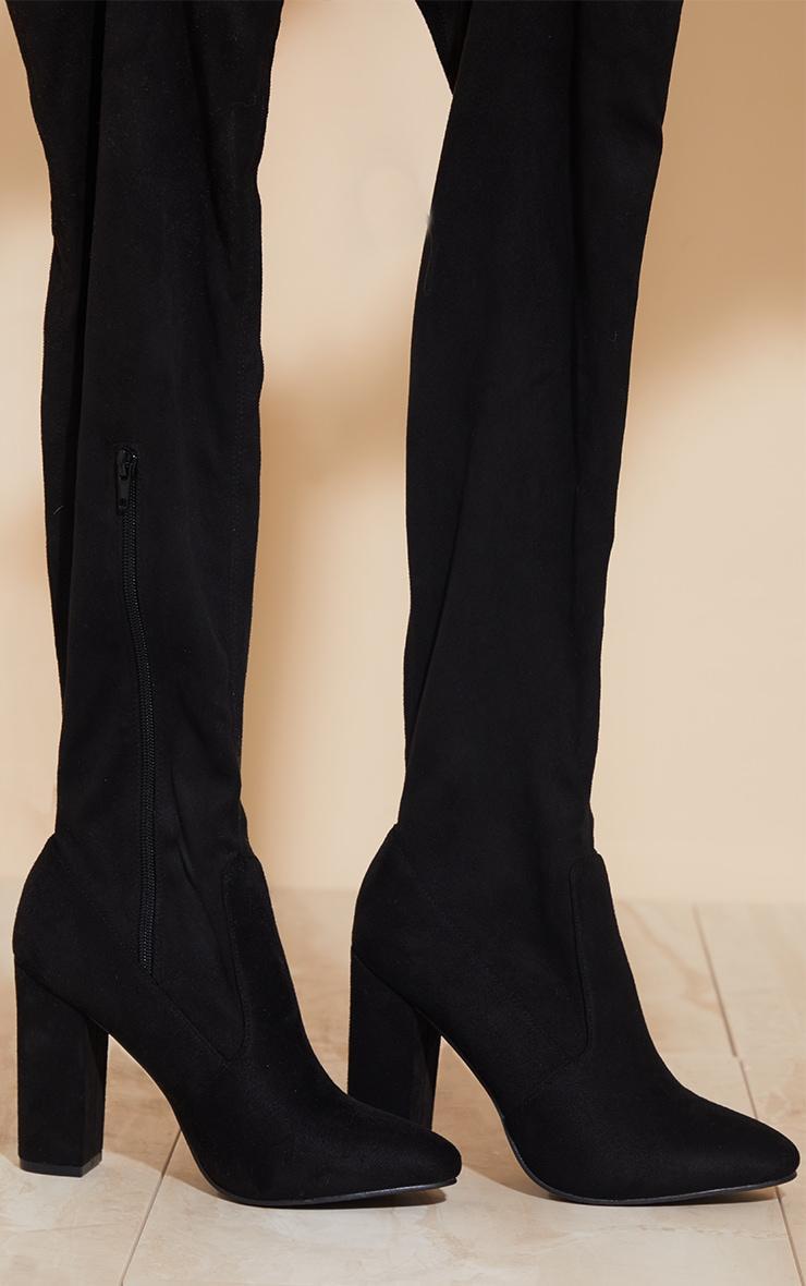 Black Faux Suede Round Toe Block Heel Over The Knee Boots Product Image