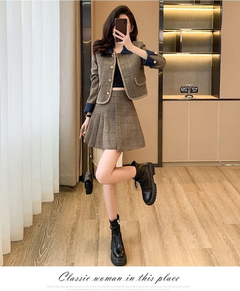 Set: Denim Collar Plaid Button-Up Jacket + High Rise Pleated Mini A-Line Skirt Product Image