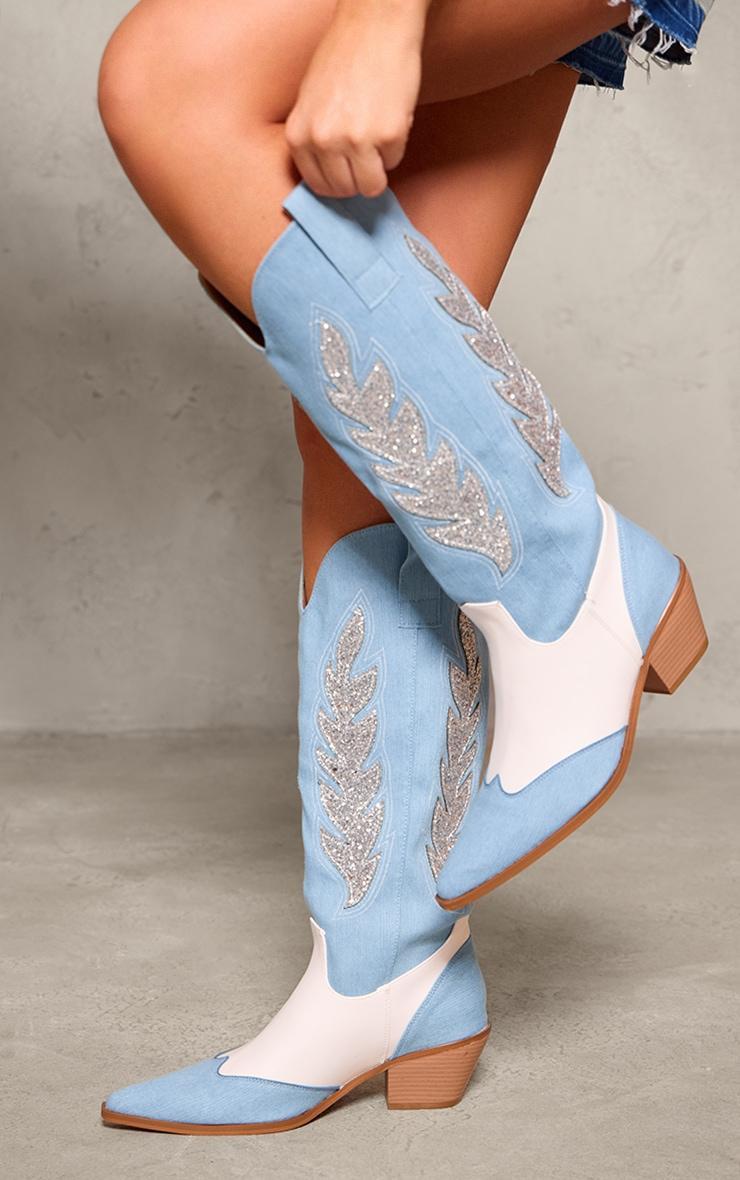 Blue Denim Point Toe Diamante Knee High Western Boots product image