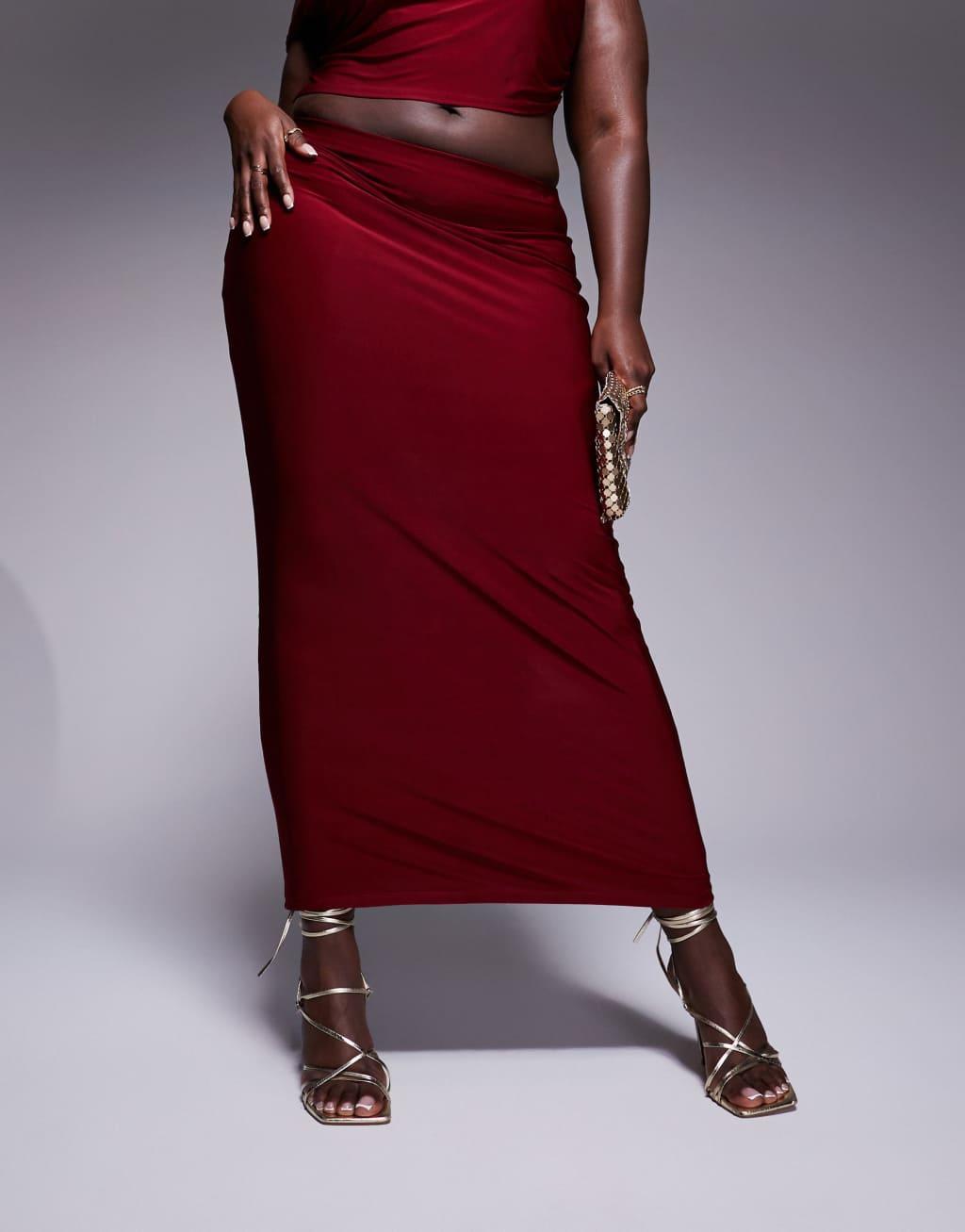 ASOS DESIGN Curve slinky maxi skirt in burgundy - part of a set Product Image